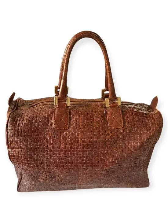 Vintage Fendi Woven Brown Leather Satchel | Top Handle Bag - Picture 4 of 7